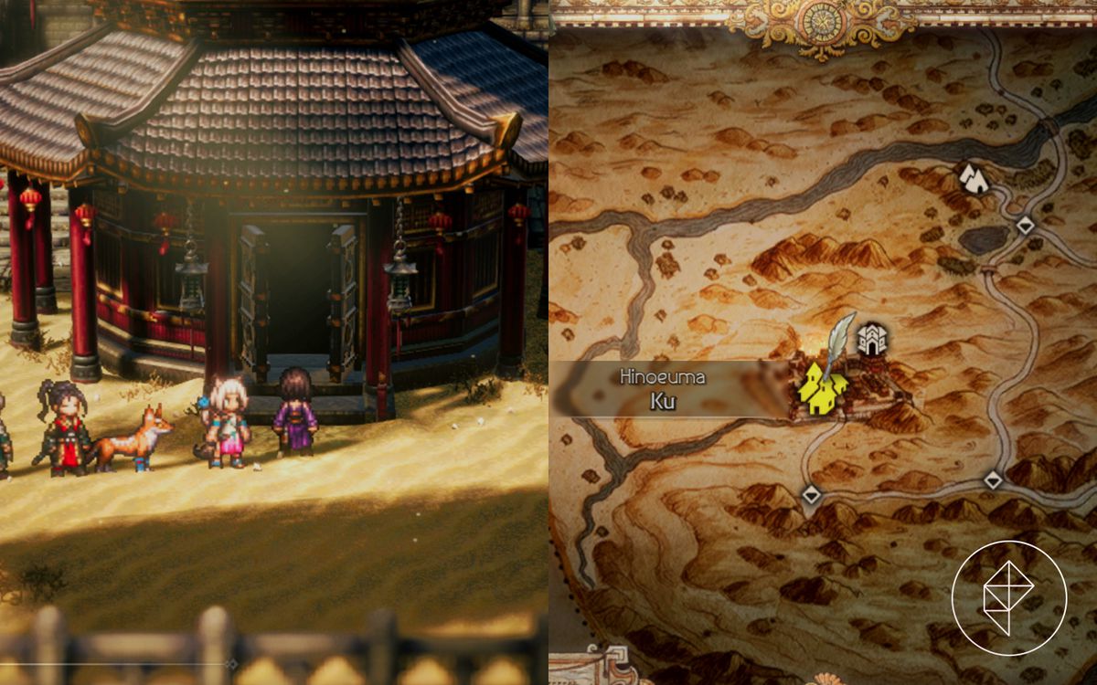 Alcuni personaggi di Octopath Traveller 2 si trovano fuori da un padiglione a Ku