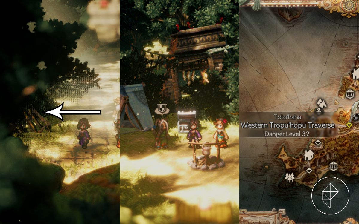 Throné in Octopath Traveller 2 attraversa alcuni alberi per parlare con il capogilda dei cacciatori