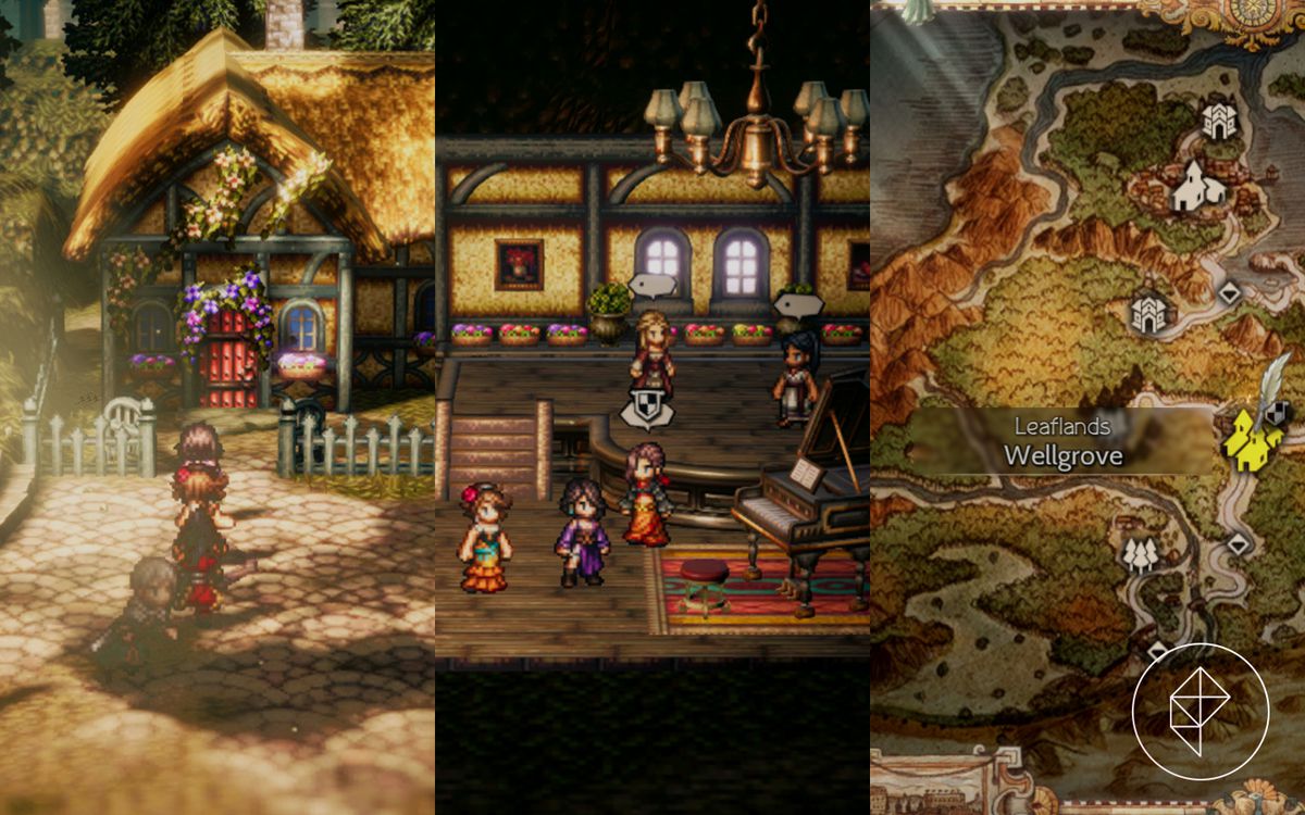 Throné e altri personaggi di Octopath Traveller 2 entrano in un edificio floreale