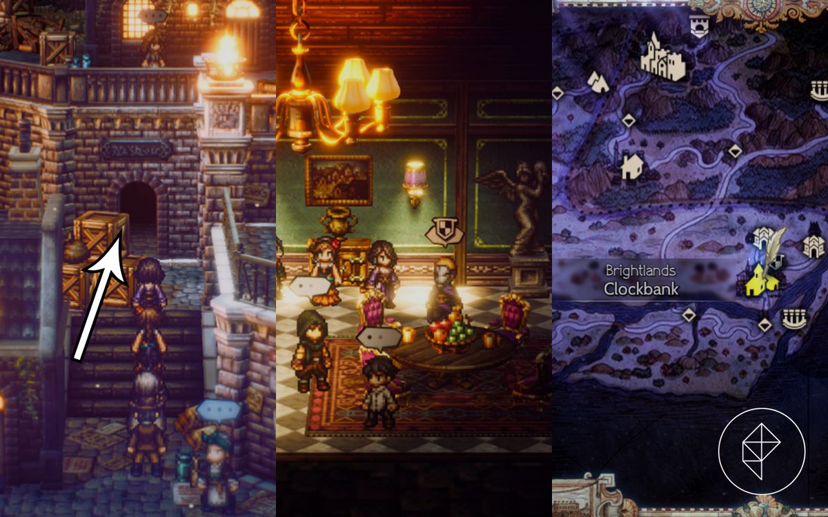 Quattro personaggi di Octopath Traveller 2 si dirigono verso un tunnel di pietra di notte