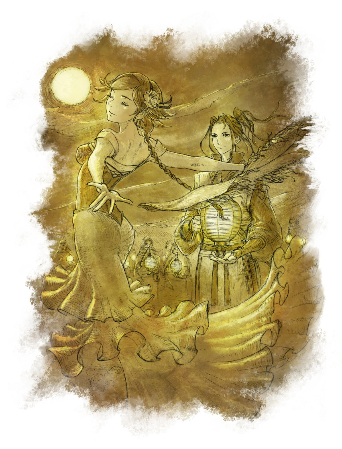 Agnea e Hikari come si vedono in Octopath Traveller 2. Agnea balla mentre Hikari tiene una lanterna dietro di lei.