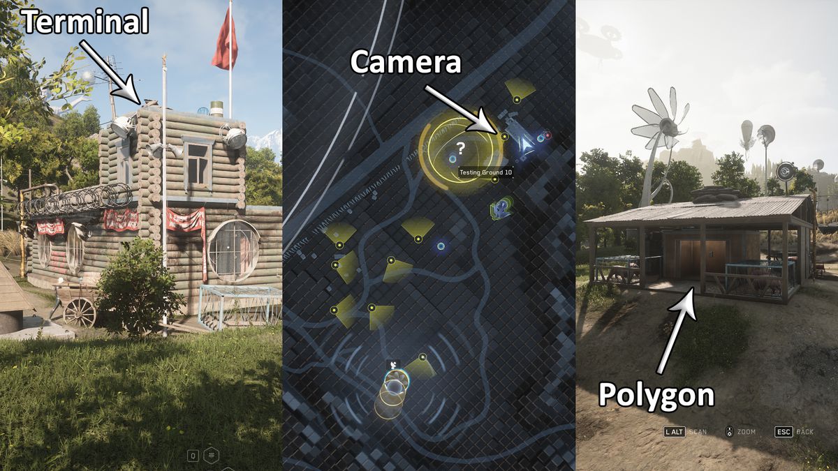 Tre immagini verticali mostrano la posizione del campo di prova del poligono Atomic Heart 10.