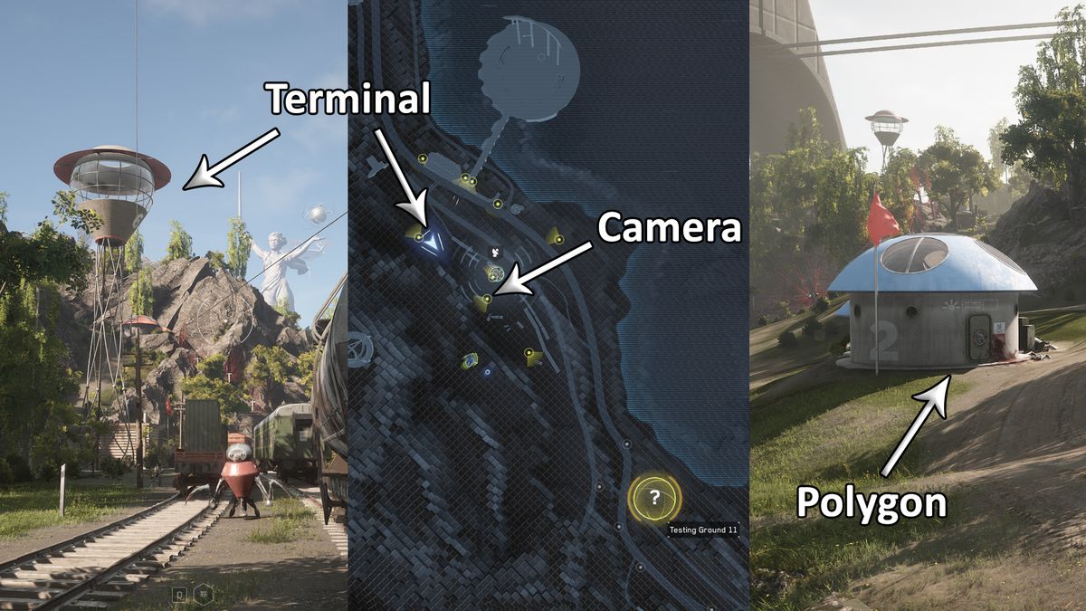 Tre immagini verticali mostrano le istruzioni su dove trovare il campo di prova del poligono Atomic Heart 11.