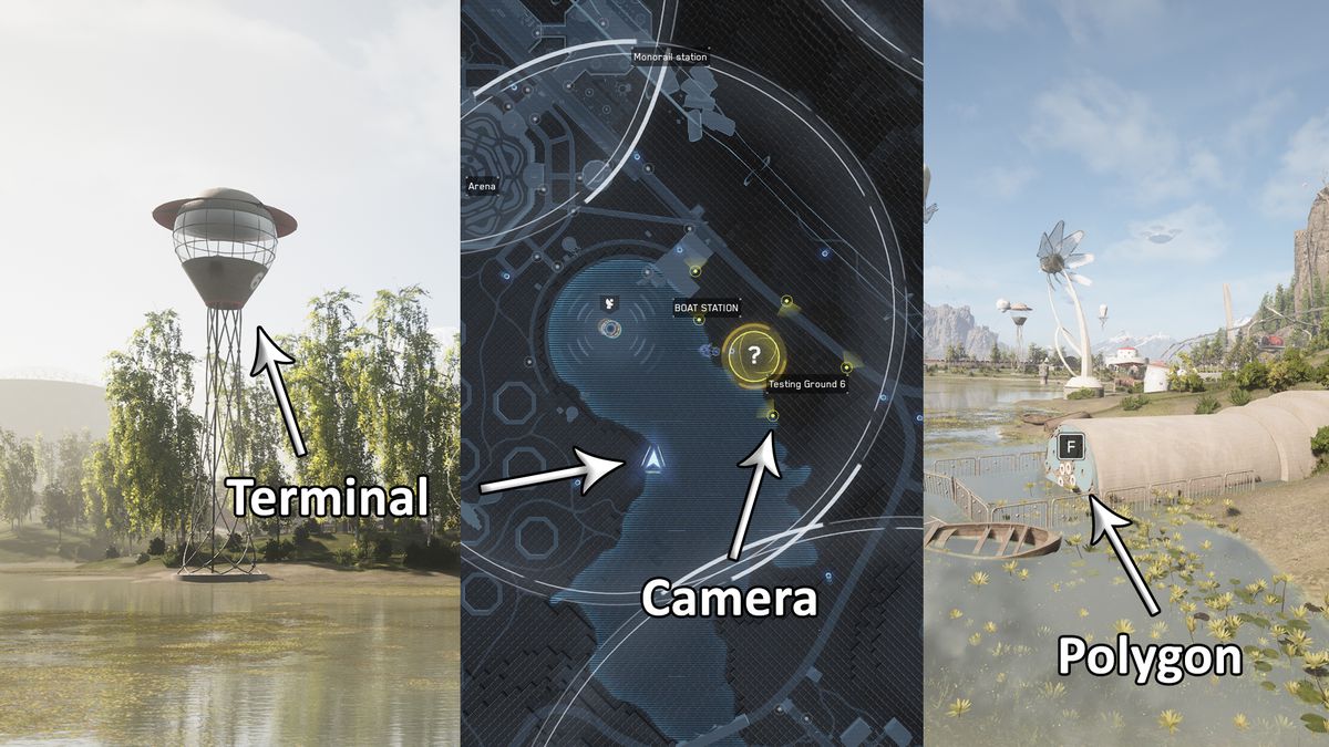 Tre schermate verticali mostrano il terminale, la fotocamera e il poligono per la posizione del campo di prova Atomic Heart 6.