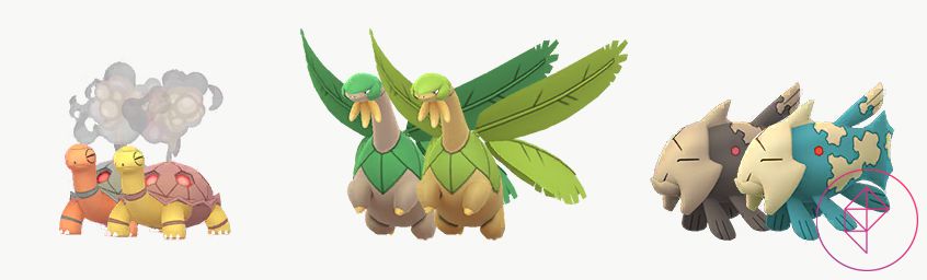 Shiny Torkoal, Tropius e Relicanth con le loro versioni normali. Shiny Torkoal è dorato, Tropius è di un verde più chiaro e Relicanth diventa blu