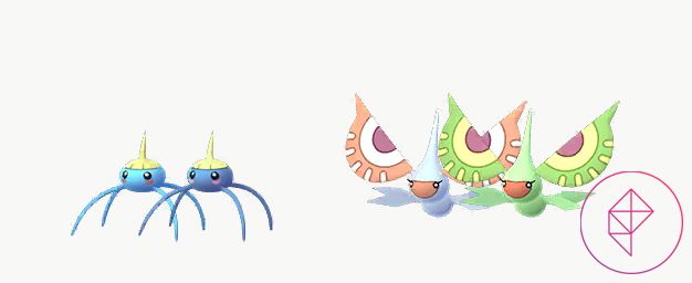 Shiny Surskit e Masquerain in Pokémon Go con le loro forme normali. Surskit diventa di un blu più scuro e Masquerain diventa verde.