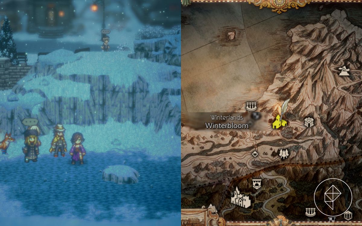 Una donna si trova di fronte a una roccia innevata vuota in Octopath Traveller 2