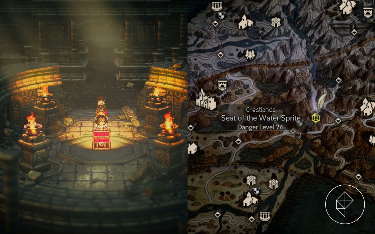 La banda di Octopath Traveller 2 si trova dietro una cassa aperta in una rovina illuminata da torce