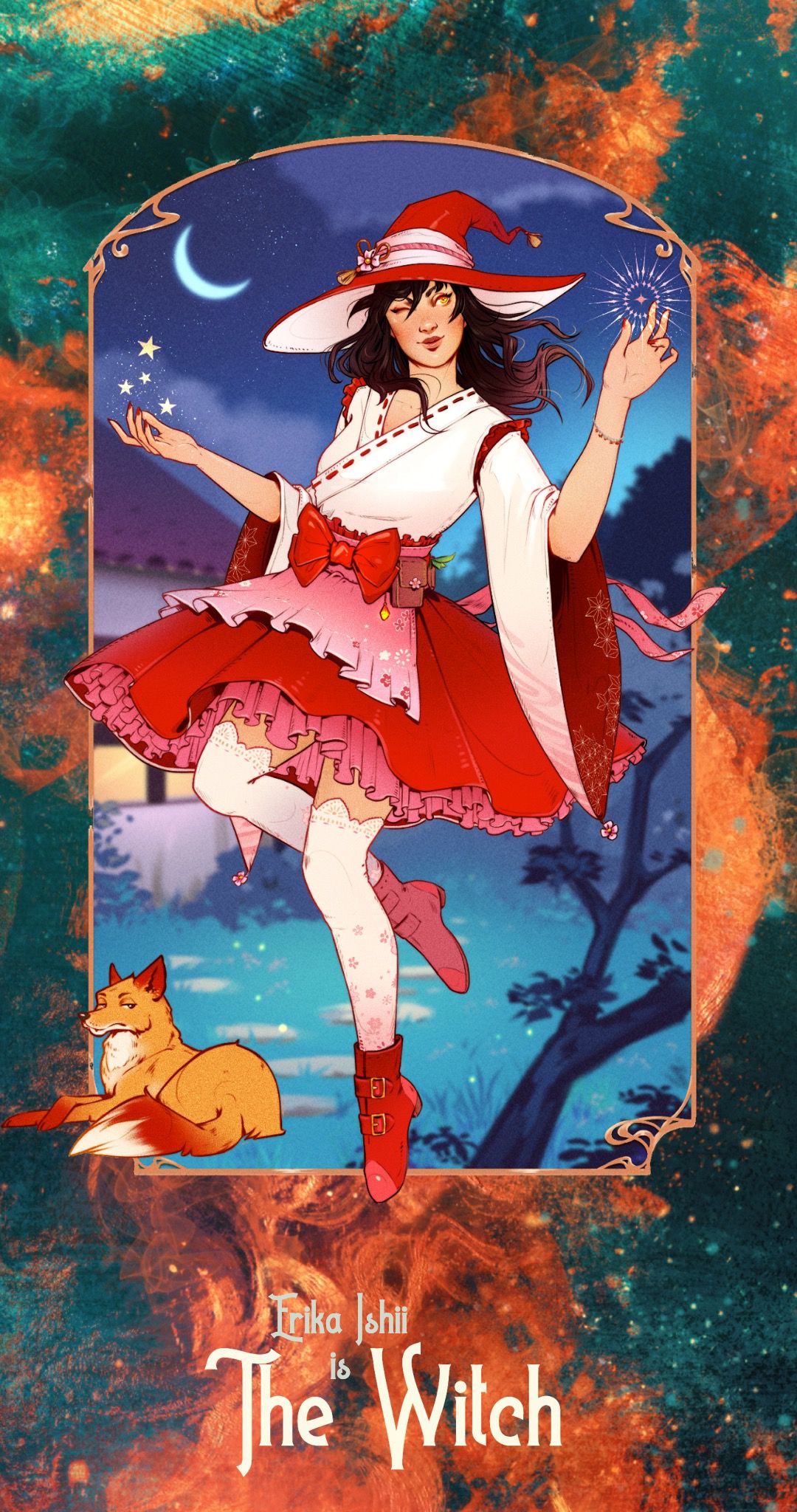 Una strega vestita di rosso e bianco, con gonna corta e ampia e leggings. Una volpe siede ai suoi piedi, uno sguardo sornione sul muso. ร notte e sullo sfondo c'รจ una falce di luna.