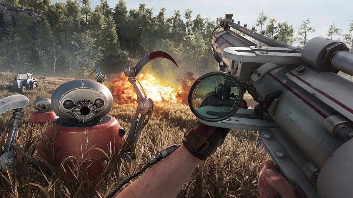 P3 ricarica una grossa pistola mentre un robot simile a un ragno lo attacca in un campo erboso in Atomic Heart