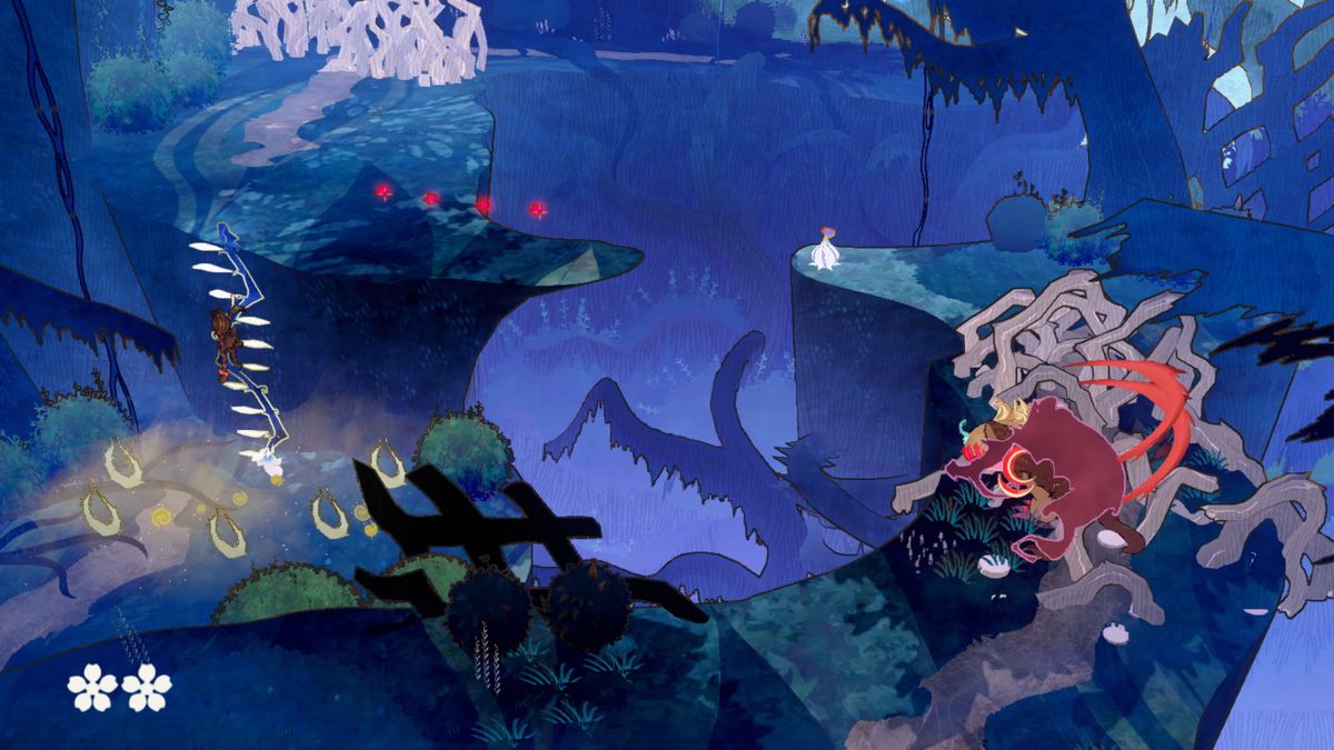 Cereza si arrampica su una vite simile a una scala sul lato sinistro dello schermo, mentre il gatto demone Cheshire colpisce un muro spinoso che gli blocca il percorso sulla destra in uno screenshot di Bayonetta Origins: Cereza and the Lost Demon.