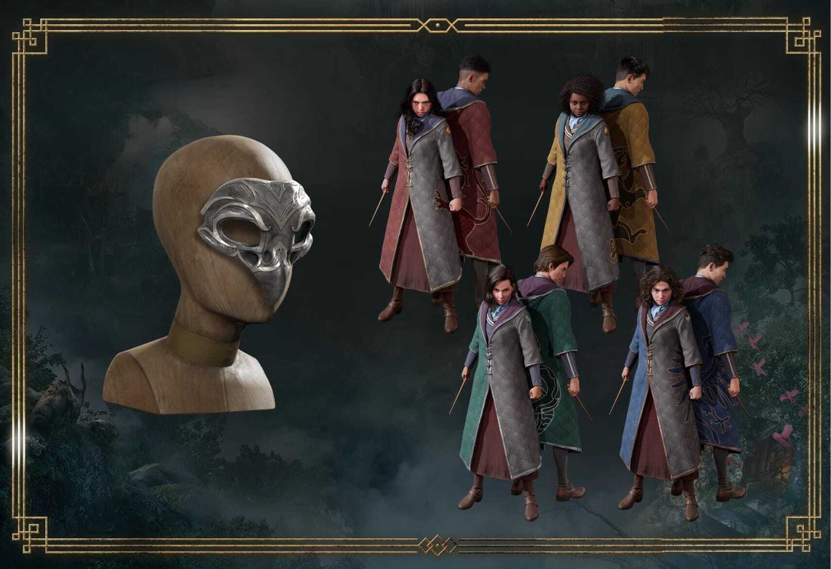 Ricompense di gioco per Hogwarts Legacy, maschera a becco e 8 studenti in piedi minacciosi
