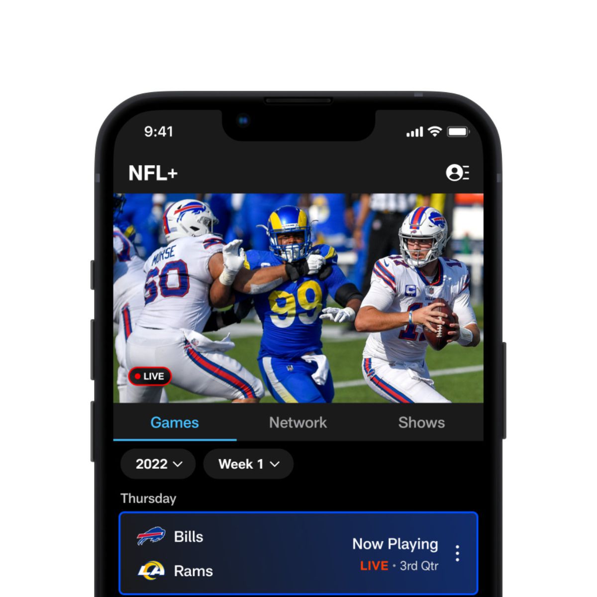 Un'immagine che mostra l'interfaccia NFL Plus vista su un iPhone.