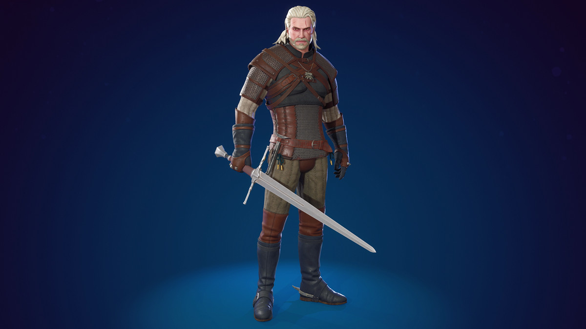 Geralt di The Witcher, come si vede in Fortnite, su uno sfondo blu 