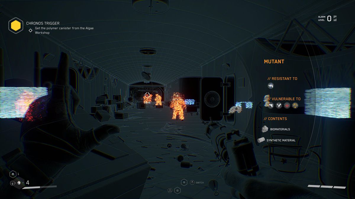 Il maggiore P3 scansiona un corridoio in una missione bunker sotterraneo in Atomic Heart.