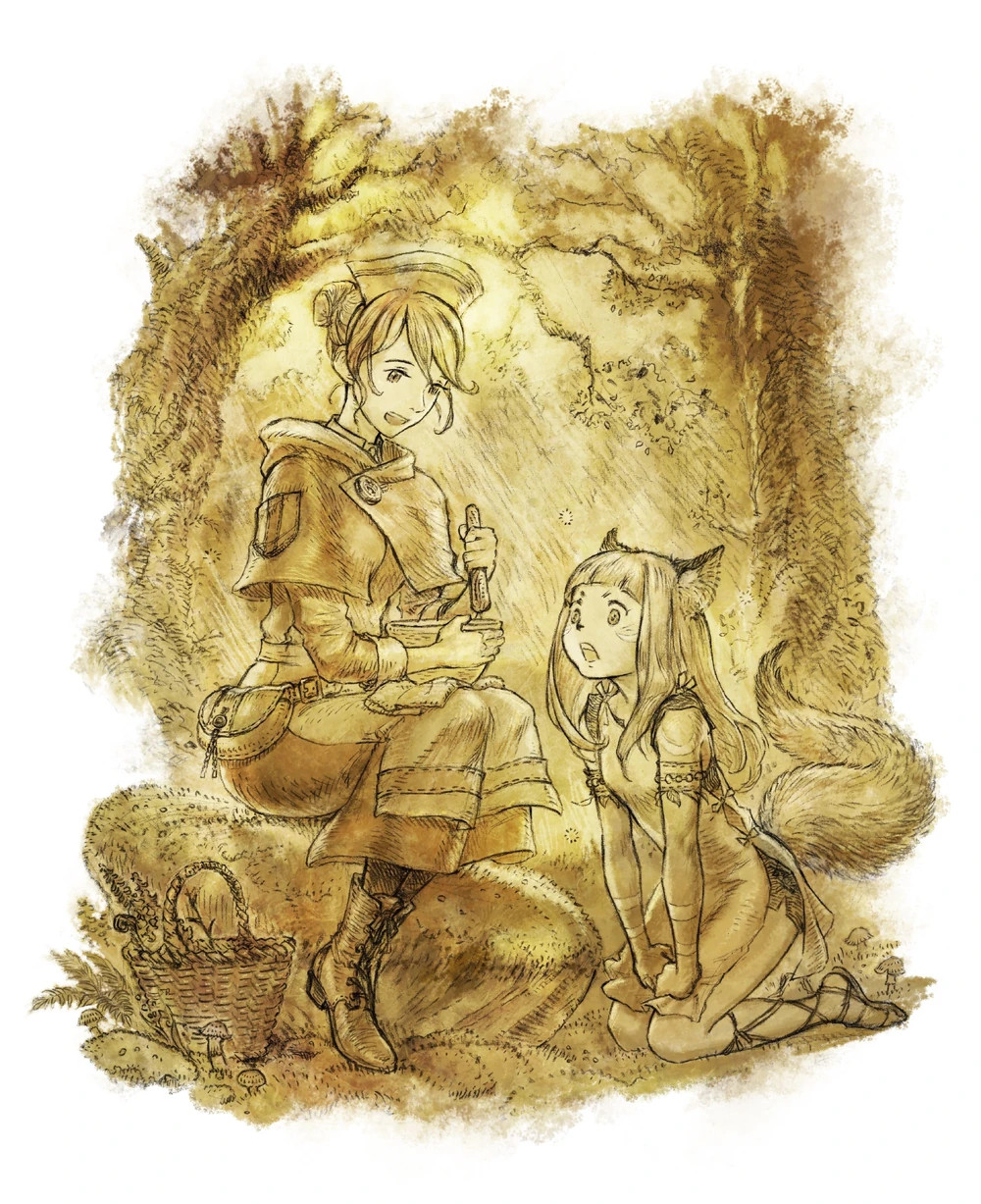 Ochette e Castti di Octopath Traveller 2, disegnati con toni seppia.  Castti sta mescolando la medicina in una ciotola mentre Ochette osserva