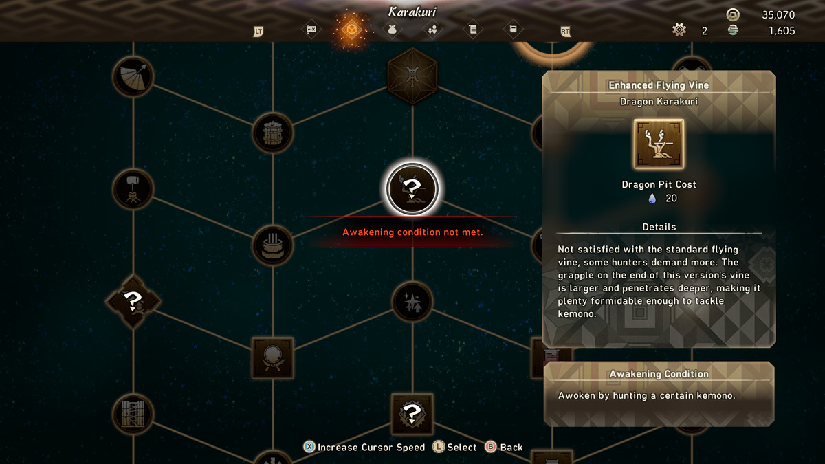 Il menu di aggiornamento di Wild Hearts Karakuri con un avviso