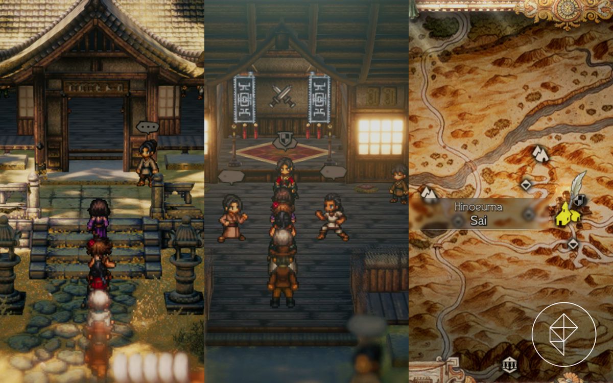 Quattro personaggi in Octopath Traveller 2 corrono verso un dojo a Sai
