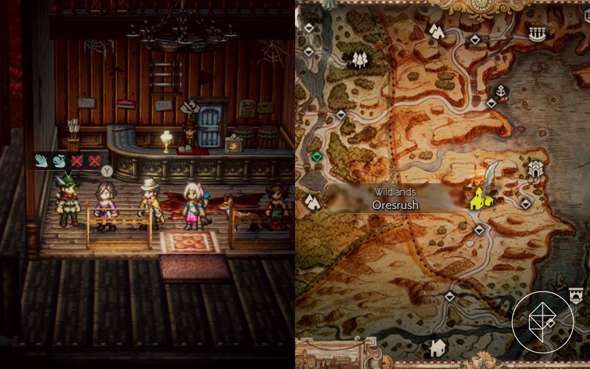 La banda di Octopath Traveller 2 parla con un mercante a Oresrush