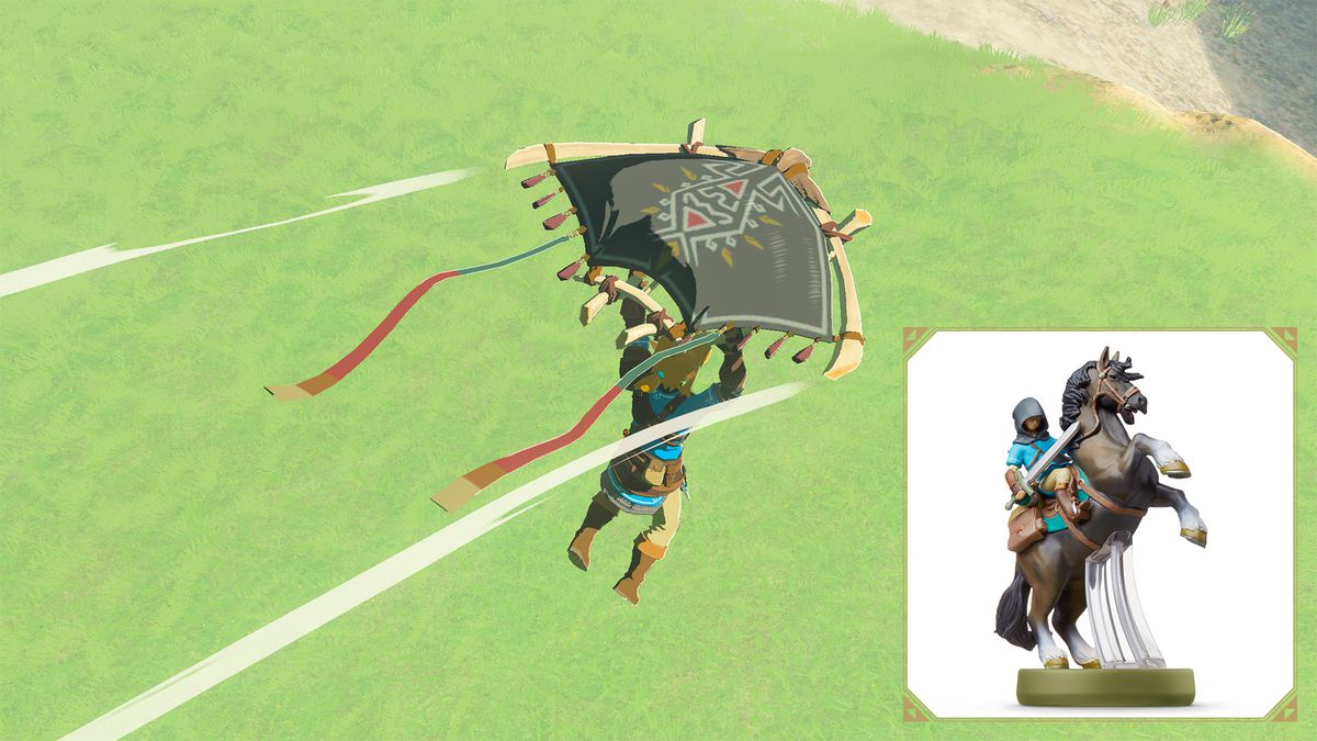 Link plana in Tears of the Kingdom usando un aliante ispirato al cappuccio che indossa in Breath of the Wild. L'amiibo