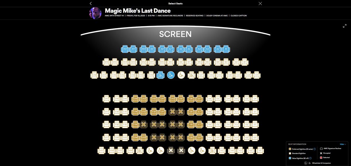 Uno screenshot del sito Web di AMC Theatres, che mostra una proiezione di Magic Mike's Last Dance in un teatro di New York City, con sezioni suddivise in sezioni standard, preferite e di valore.