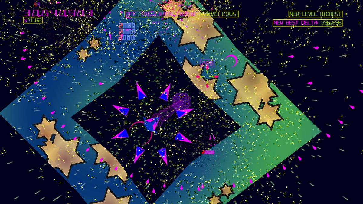 Akka Arrh: una sconcertante bufera di forme geometriche colorate ed effetti particellari con una torretta a testa di capra al centro