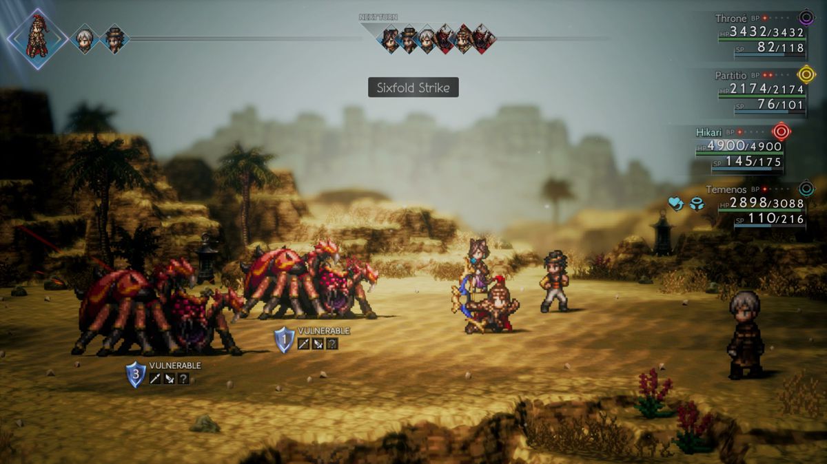 Hikari rilascia colpi di freccia in Octopath Traveller 2 su alcuni cattivi ragni come parte del suo attacco Sixfold Strike