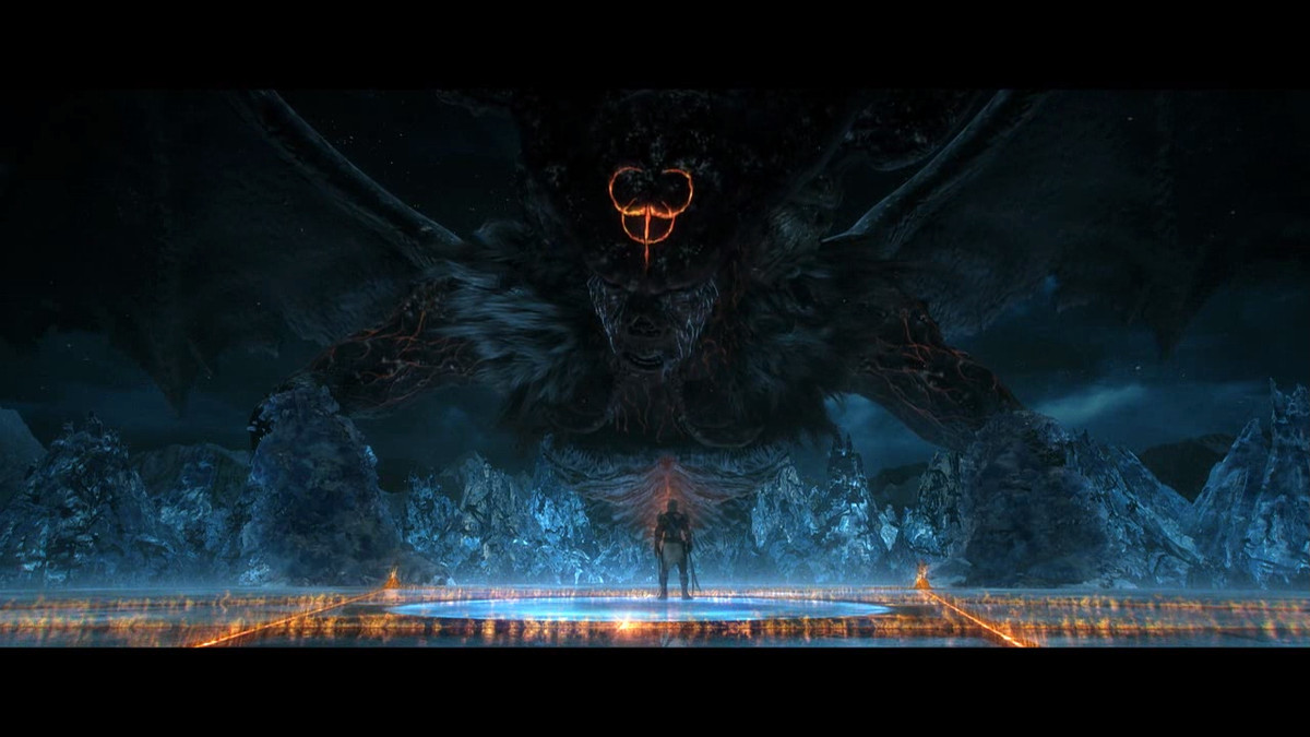 Il Dante che brandisce la falce è alto mentre affronta Lucifero, un enorme demone che torreggia su di lui