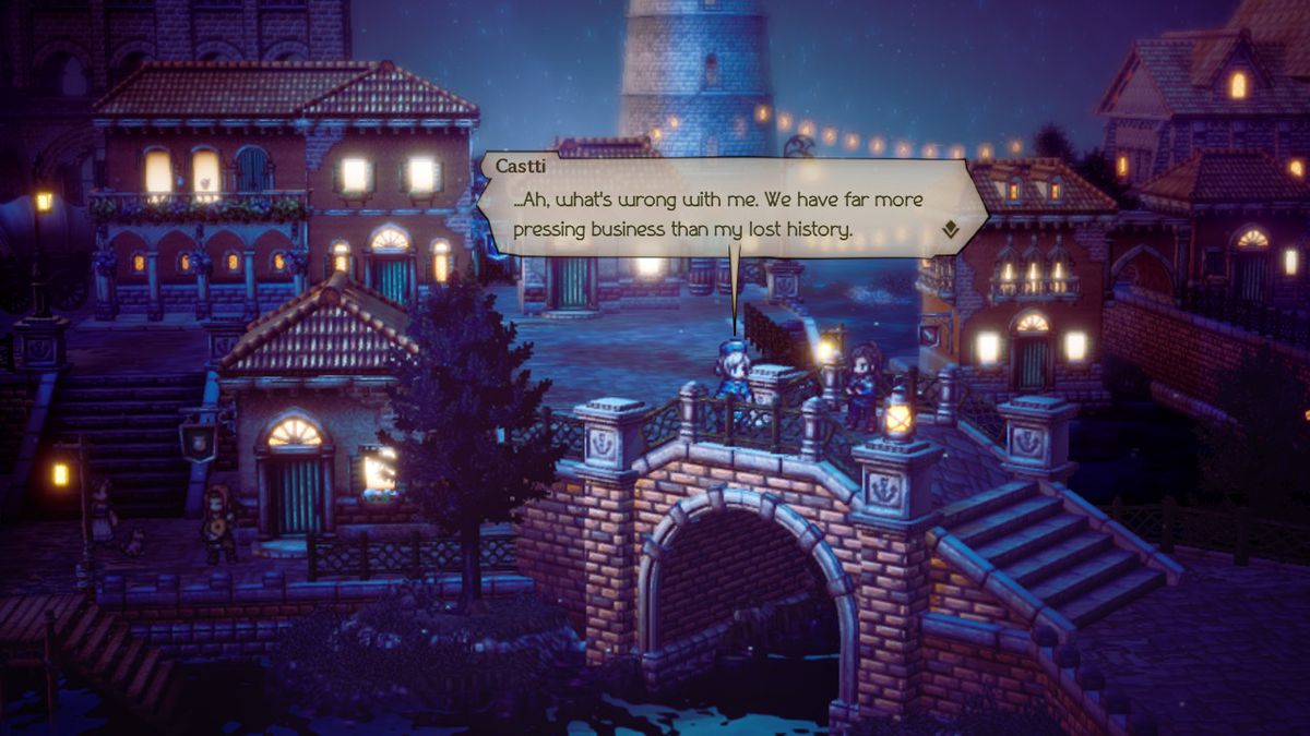 Castii si trova su un ponte in una città di notte in Octopath Traveller 2