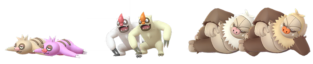 La linea evolutiva di Slakoth confrontata con le loro forme cromatiche.