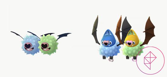 Woobat e Swoobat lucidi e regolari. Shiny Woobat è Swoobat verde e brillante e oro e rosa