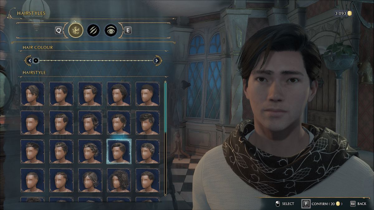 Studente in mutandoni in un parrucchiere che si fa tagliare i capelli in Hogwarts Legacy.