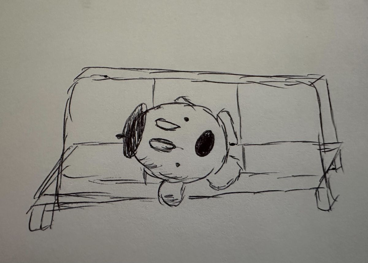 uno schizzo di Kirby sdraiato su un divano. indossa un piccolo berretto. i suoi occhi sono spalancati.