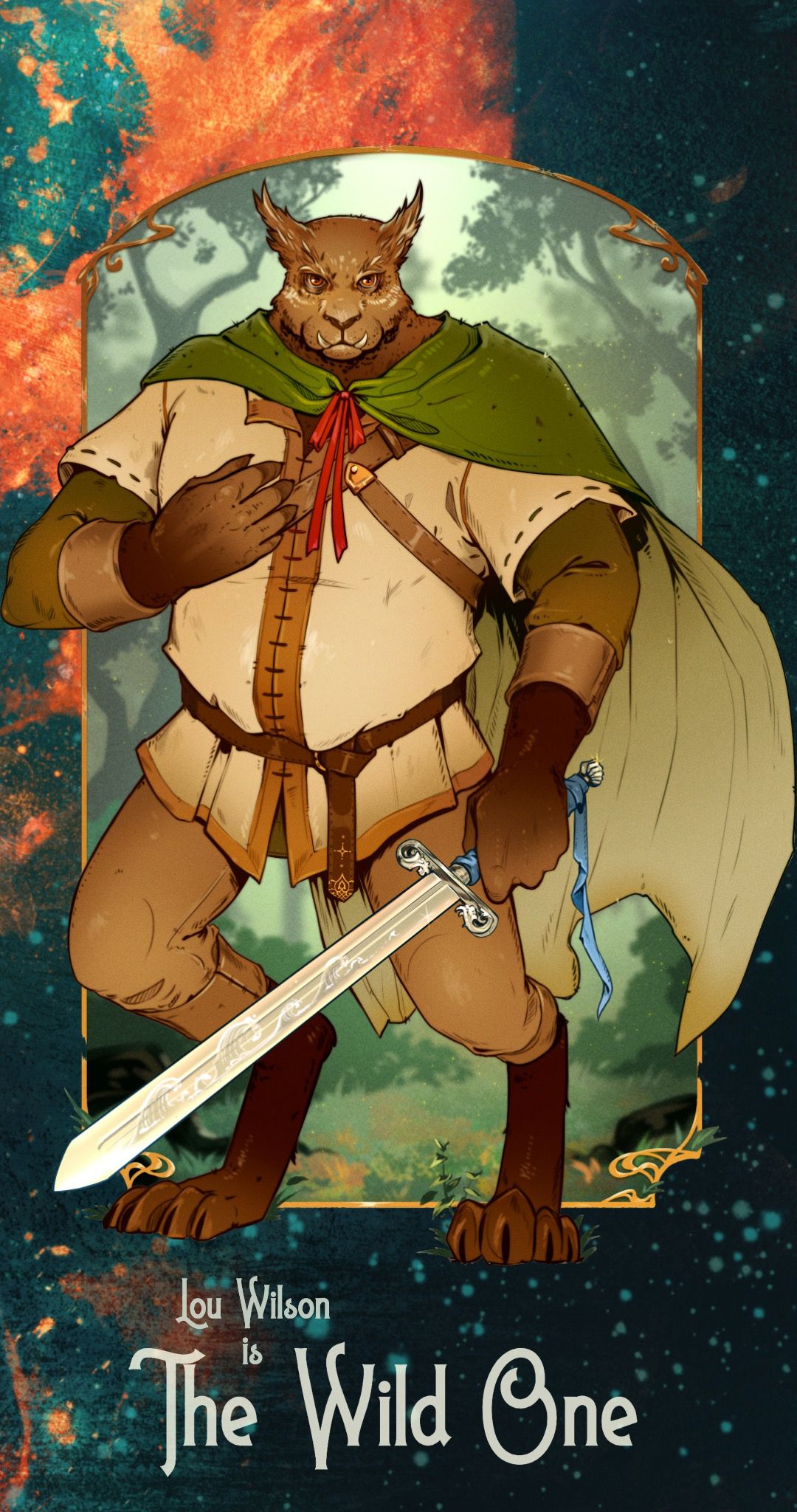 Una creatura umanoide non umana con una faccia simile a un lupo e una ricca pelliccia marrone. Sono vestiti con un umile tunisino con un mantello verde e senza stivali. Hanno in mano una spada d'argento con un nastro blu legato all'elsa.