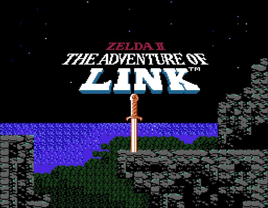 La schermata del titolo di Zelda 2: The Adventure of Link, con il titolo dietro il Master Spada, che è incastonata su una scogliera rocciosa.