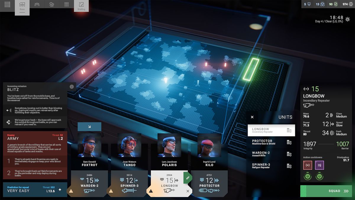 La mappa della campagna in Phantom Brigade, che mostra i vari piloti e mech del giocatore