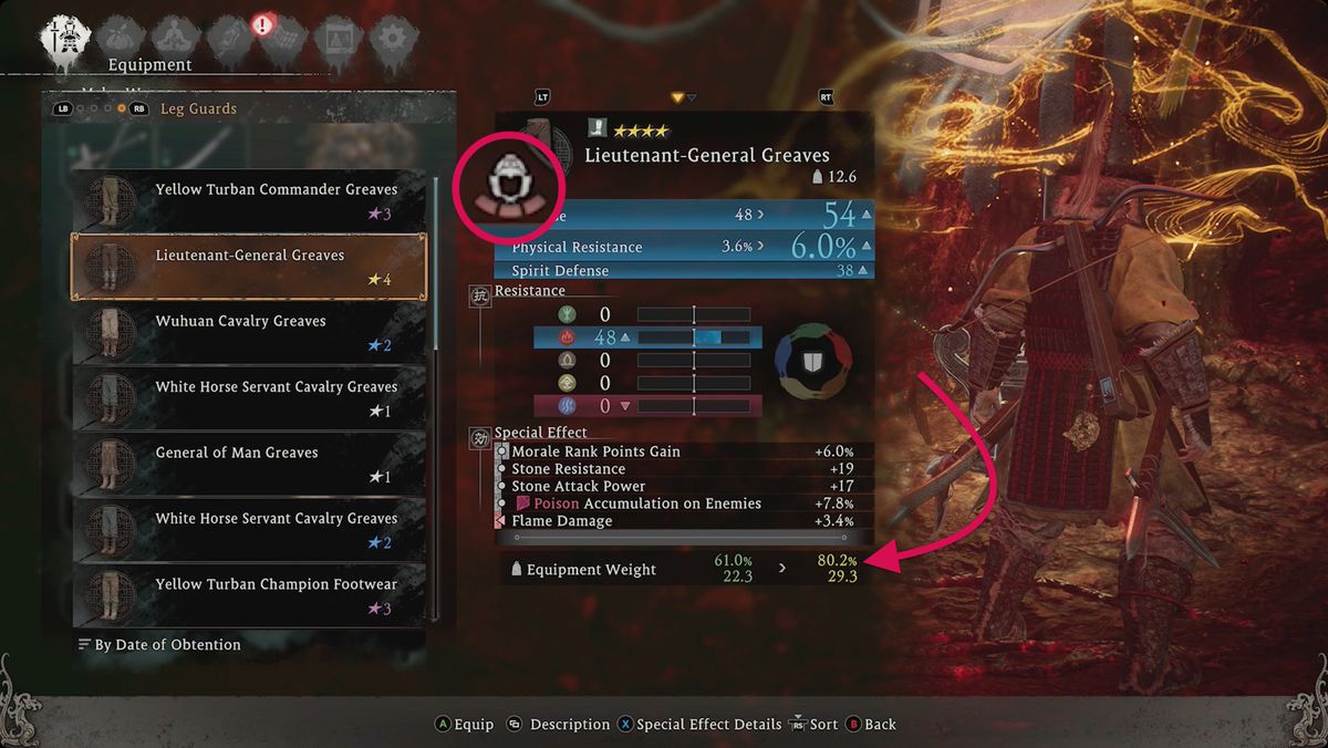 Il menu dell'attrezzatura Wo Long con l'icona della categoria di peso evidenziata e una freccia che indica il peso dell'attrezzatura.