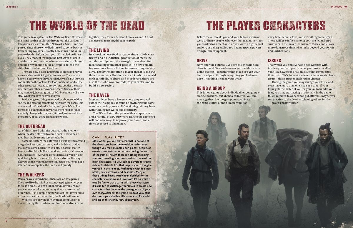 Uno spread su The World of the Dead e The Player Characters, dal gioco di ruolo da tavolo The Walking Dead Universe. Un gruppo di sopravvissuti comprende l'arte sulla pagina di destra, incluso un uomo di colore che guida un asino. Sulla pagina di sinistra c'è un blocco che chiede