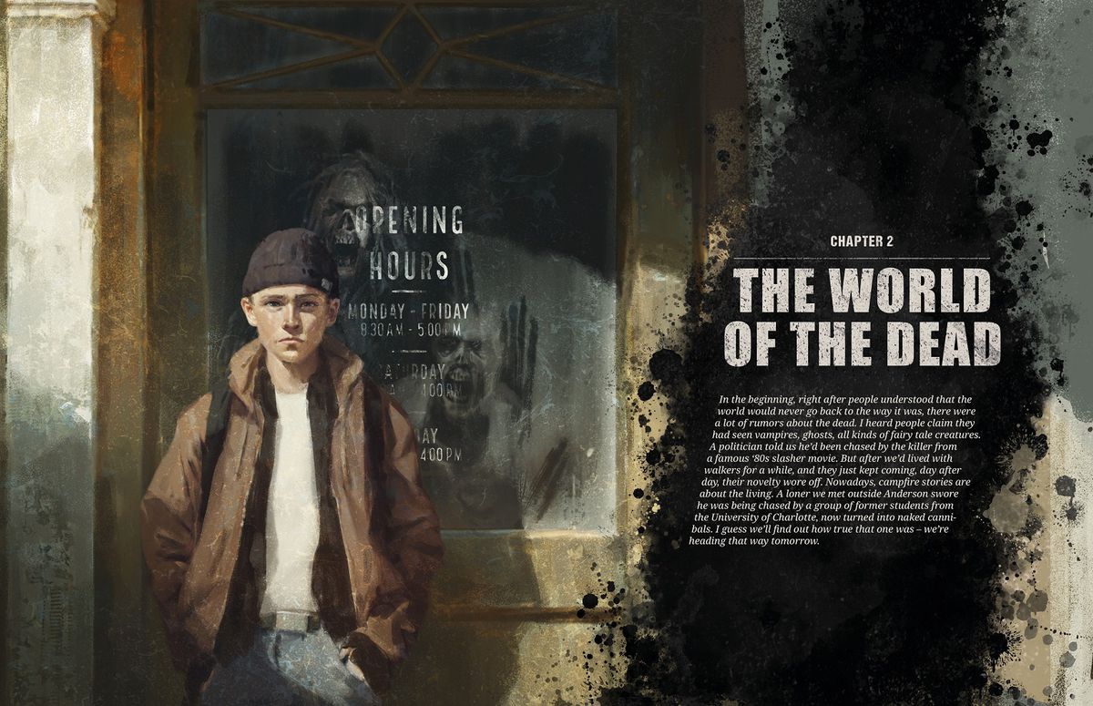 Un giovane dagli occhi insensibili e accigliato. Dietro di lui, all'interno di un vecchio luogo di lavoro abbandonato, ci sono molti degli zombi barcollanti e sbavanti.