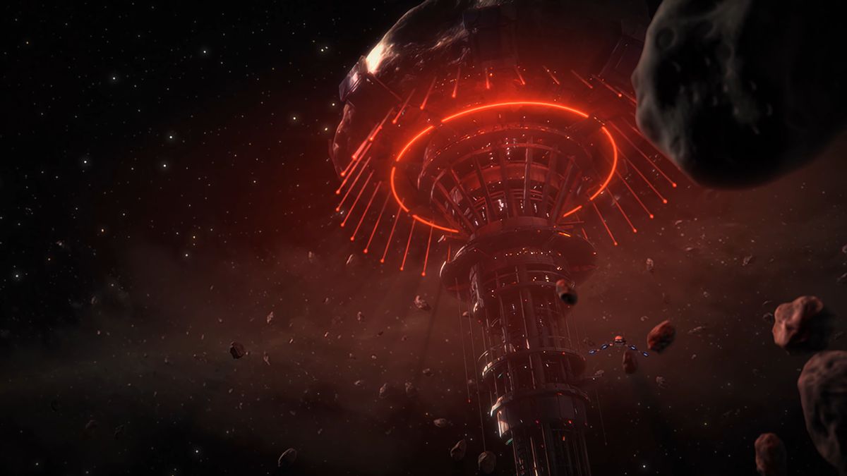 Una grande struttura spaziale si illumina di rosso sullo sfondo dello spazio in Mass Effect: Legendary.