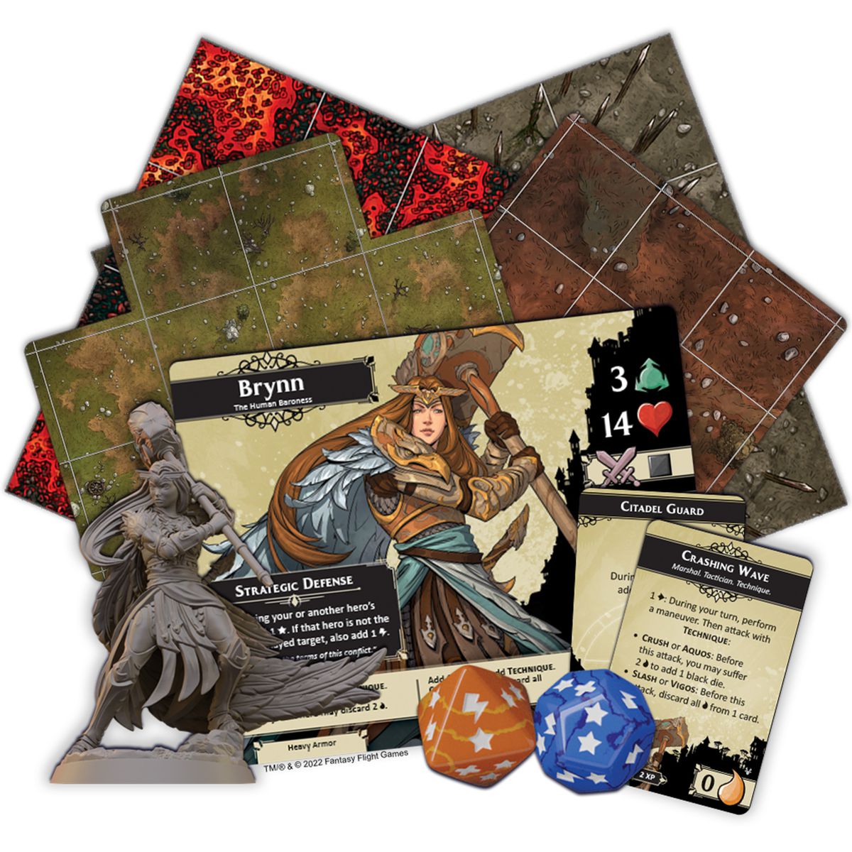 Tessere e una carta giocatore, più alcuni dadi personalizzati, per Descent Act 2: The Betrayer's War. 