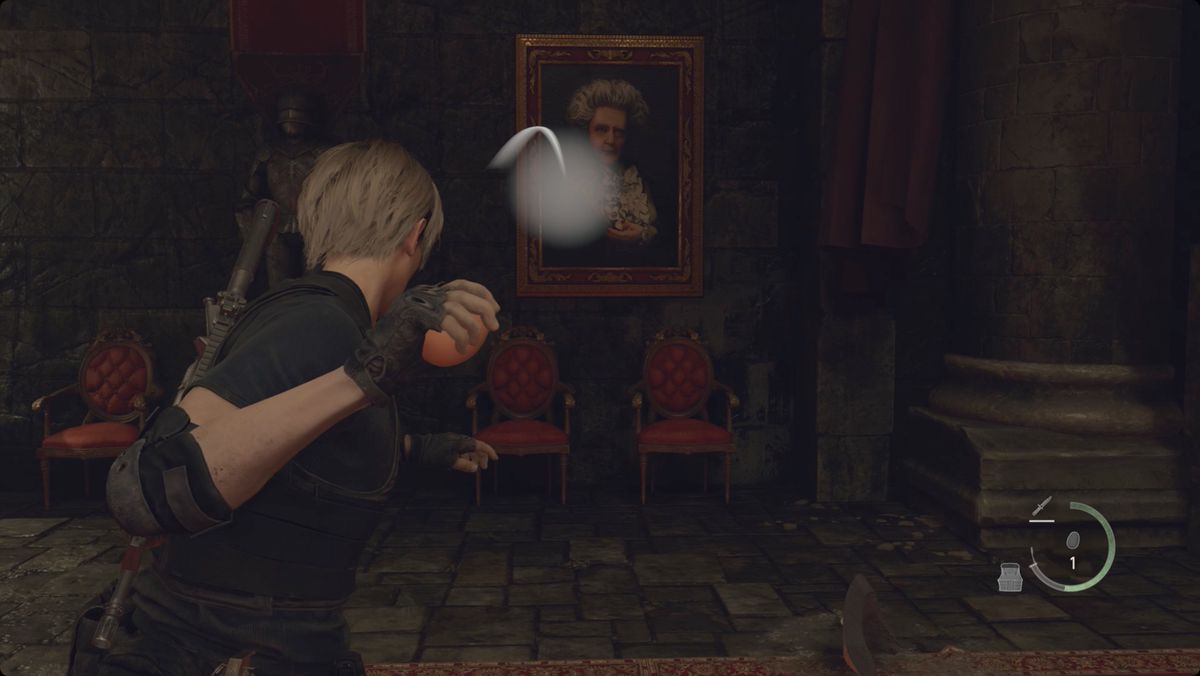 Resident Evil 4 remake Leon lancia un uovo a un ritratto di Ramon Salazar per completare una richiesta Blue Note.