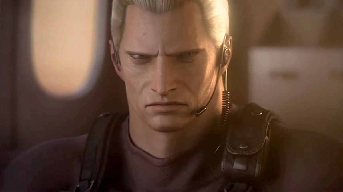 Uno screenshot di Jack Krauser che fissa risentito Leon Kennedy nel finale di Resident Evil: The Darkside Chronicles mentre fuggono in elicottero