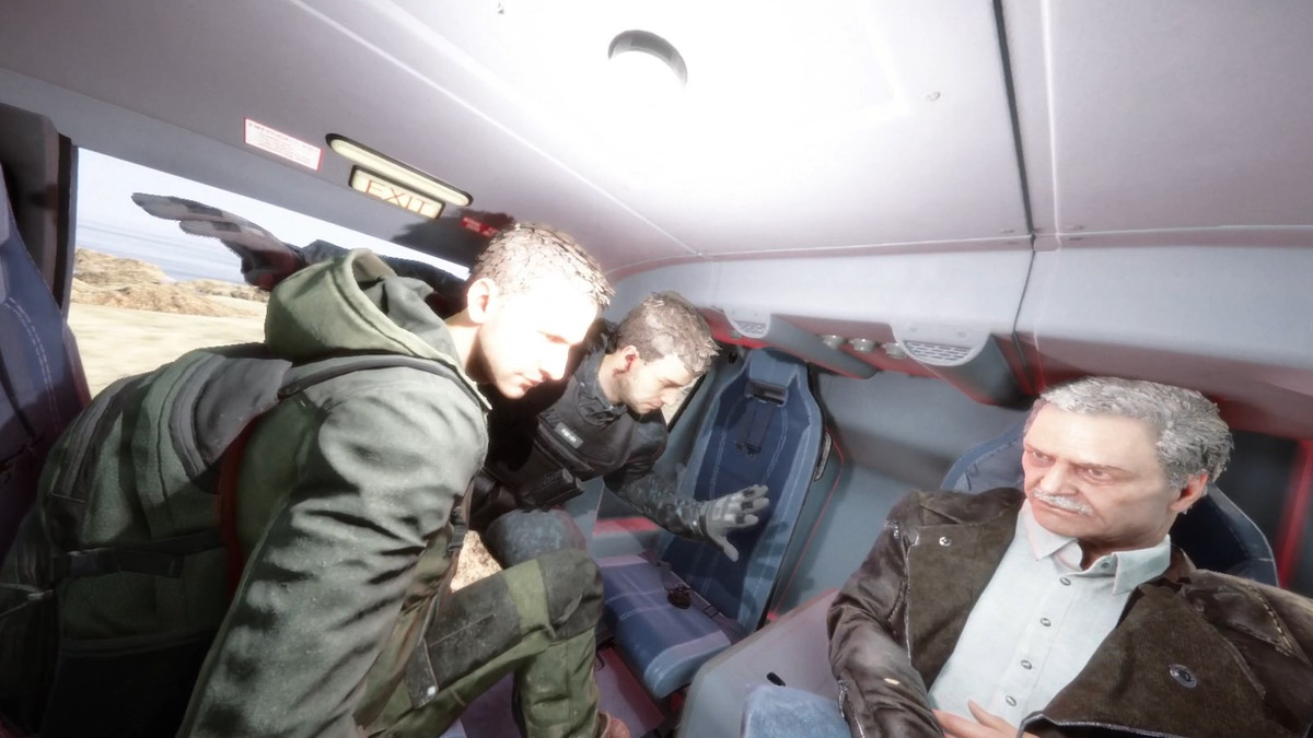 Tu e tre caucasici intendete imbarcarvi su un elicottero su una spiaggia in Figli della foresta