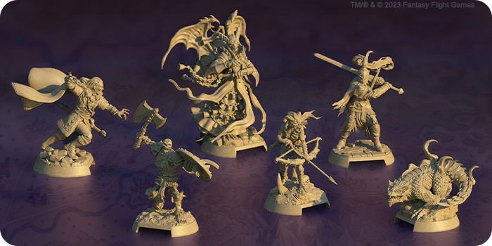 Rendering di diverse miniature, tra cui un imponente cavaliere in armatura, uno scheletro con un'ascia e una grande creatura demoniaca alata con campanelli sulle vesti.