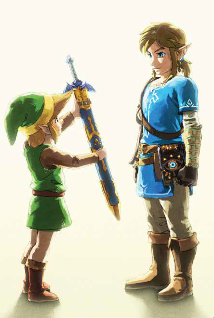Un giovane Link in verde con un ciuffo porge un vecchio Link in abito blu Breath of the Wild Master Spada