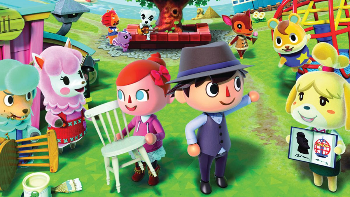 Grafica chiave di Animal Crossing New Leaf con due abitanti del villaggio che salutano e sollevano una sedia, mentre diversi NPC li circondano con opzioni