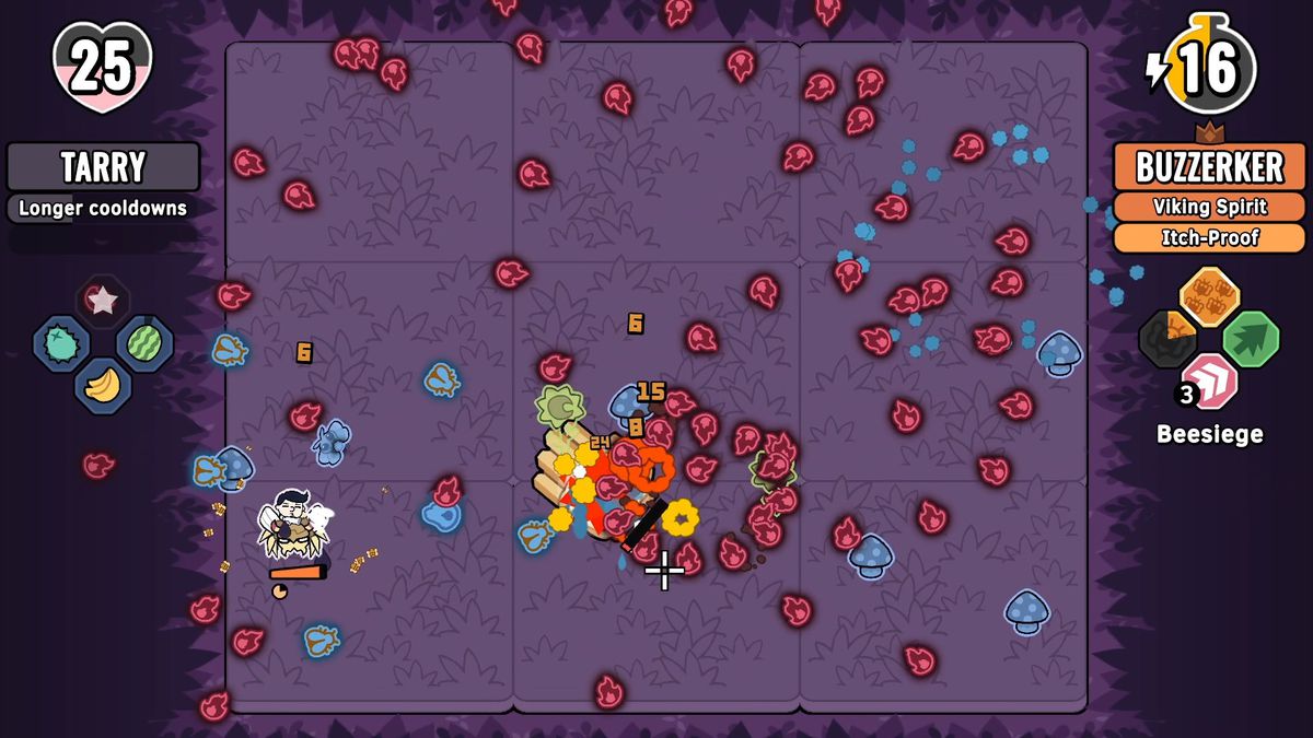 Esploratore su cicalino che combatte contro una mano fluttuante che spara palle di fuoco sullo schermo in Patch Quest.