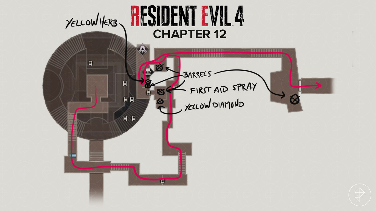 Mappa del remake di Resident Evil 4 della Torre dell'Orologio con gli oggetti contrassegnati