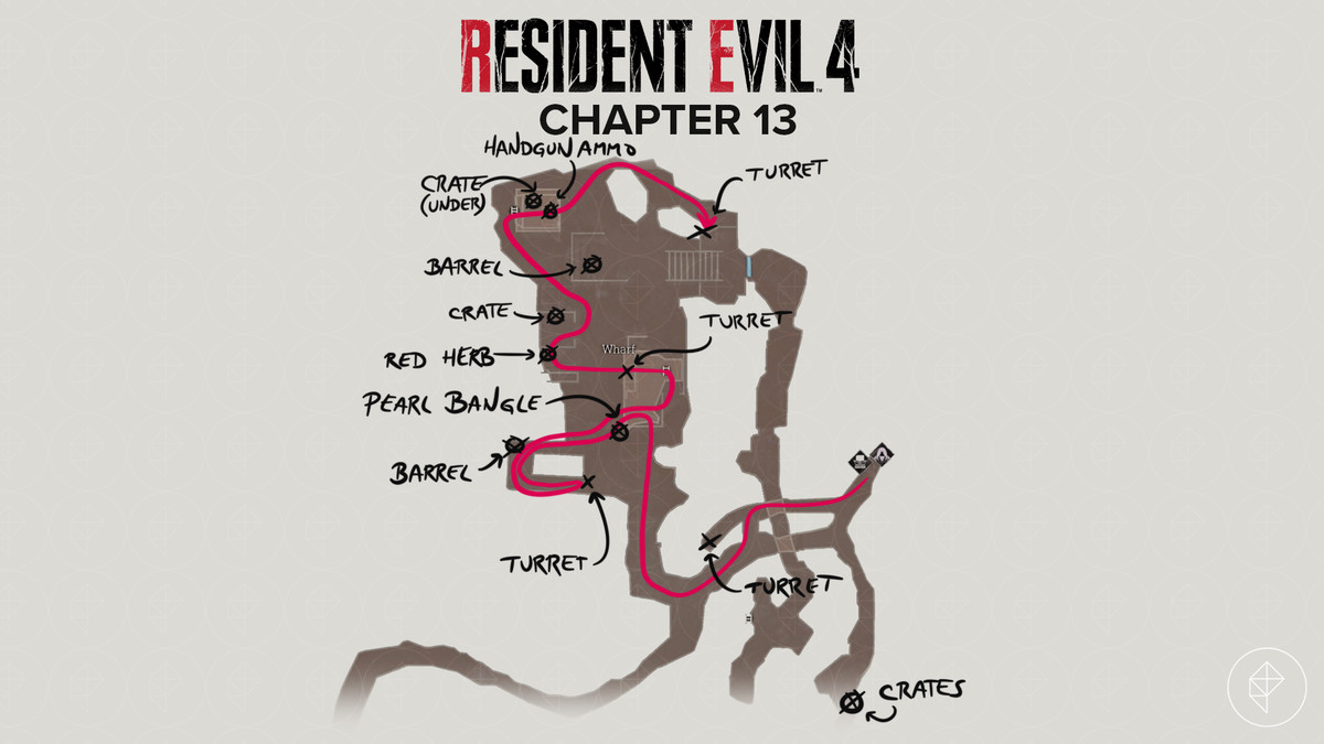 Mappa del remake di Resident Evil 4 del molo con percorso e oggetti contrassegnati